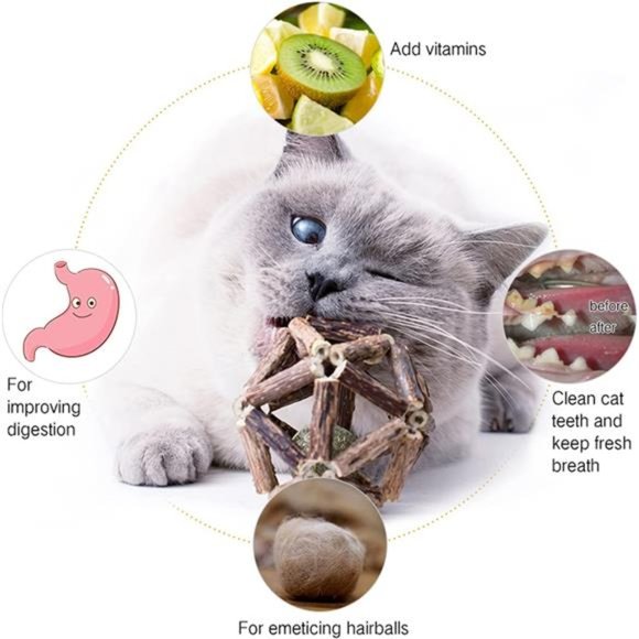 Catnip Toys-2Pcs Natural Silvervine Stick Catnip Ball&Bell Ball-Cat Toys - Picture 2 of 6